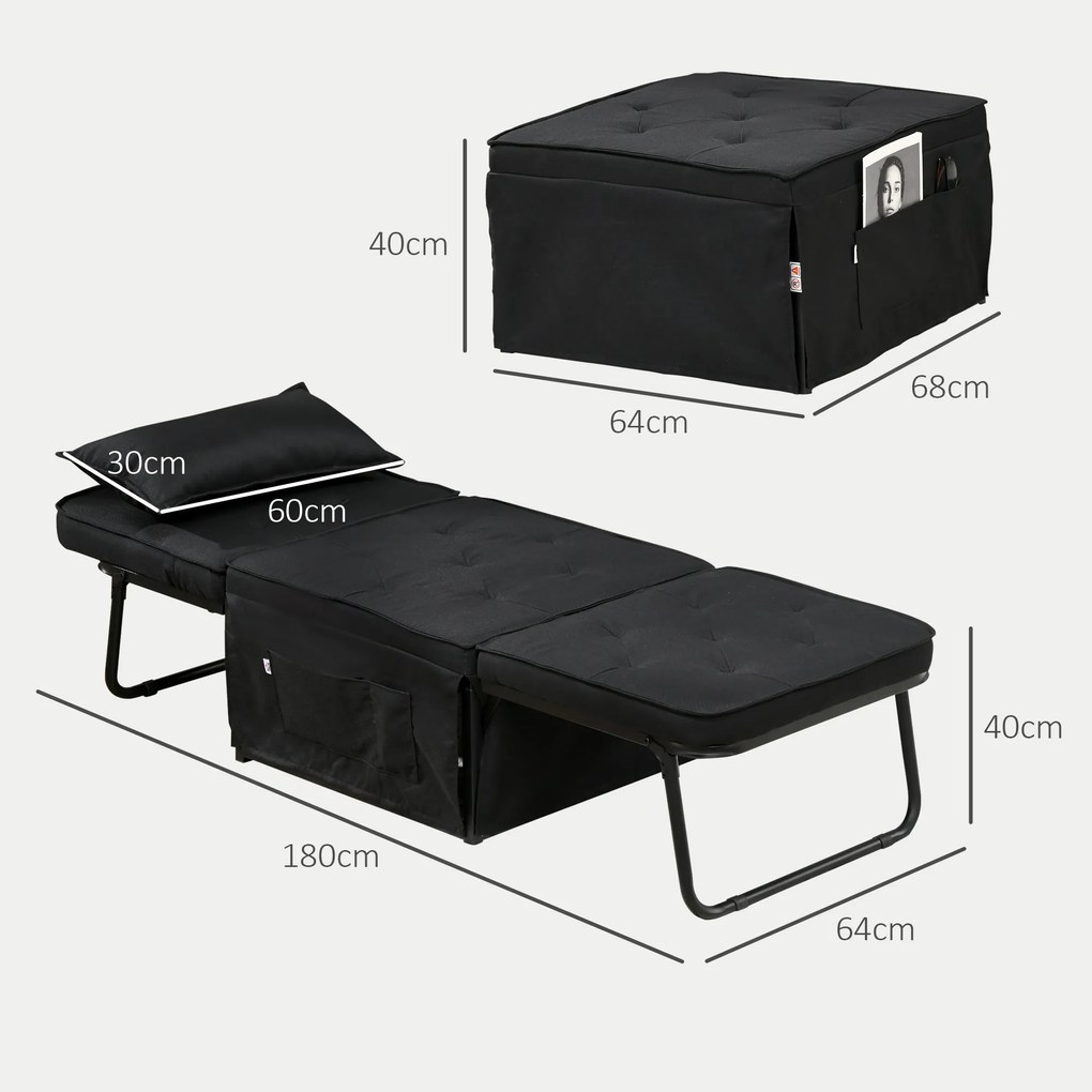 HOMCOM Fotoliu extensibil 4 în 1 cu spătar reglabil în 5 poziții, cu pernă 180 x 64 x 40 cm negru | Aosom Romania