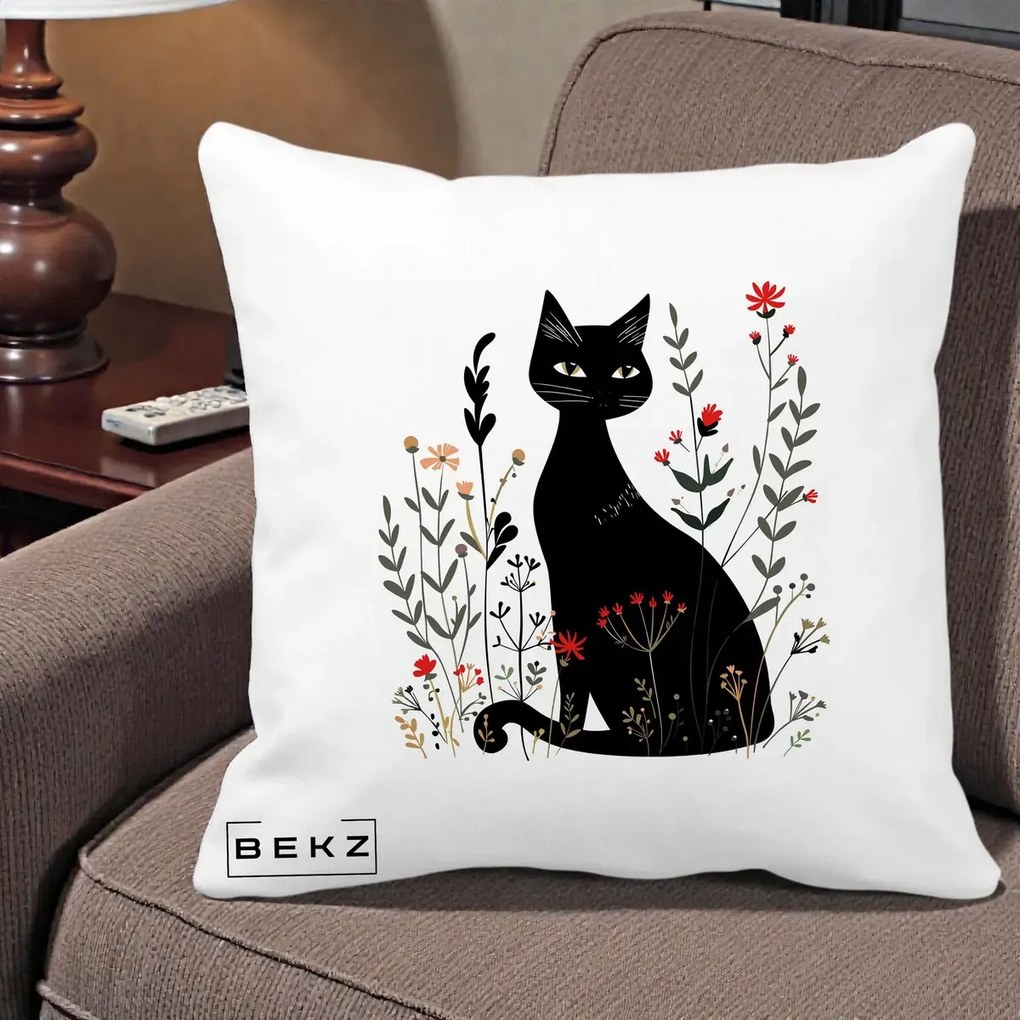 Perna Decorativa Pisica Neagra Botanica Rosu-Gri, 40x40 cm, Alba Mata, Husa Detasabila, Perna Inclusa, BEKZ®