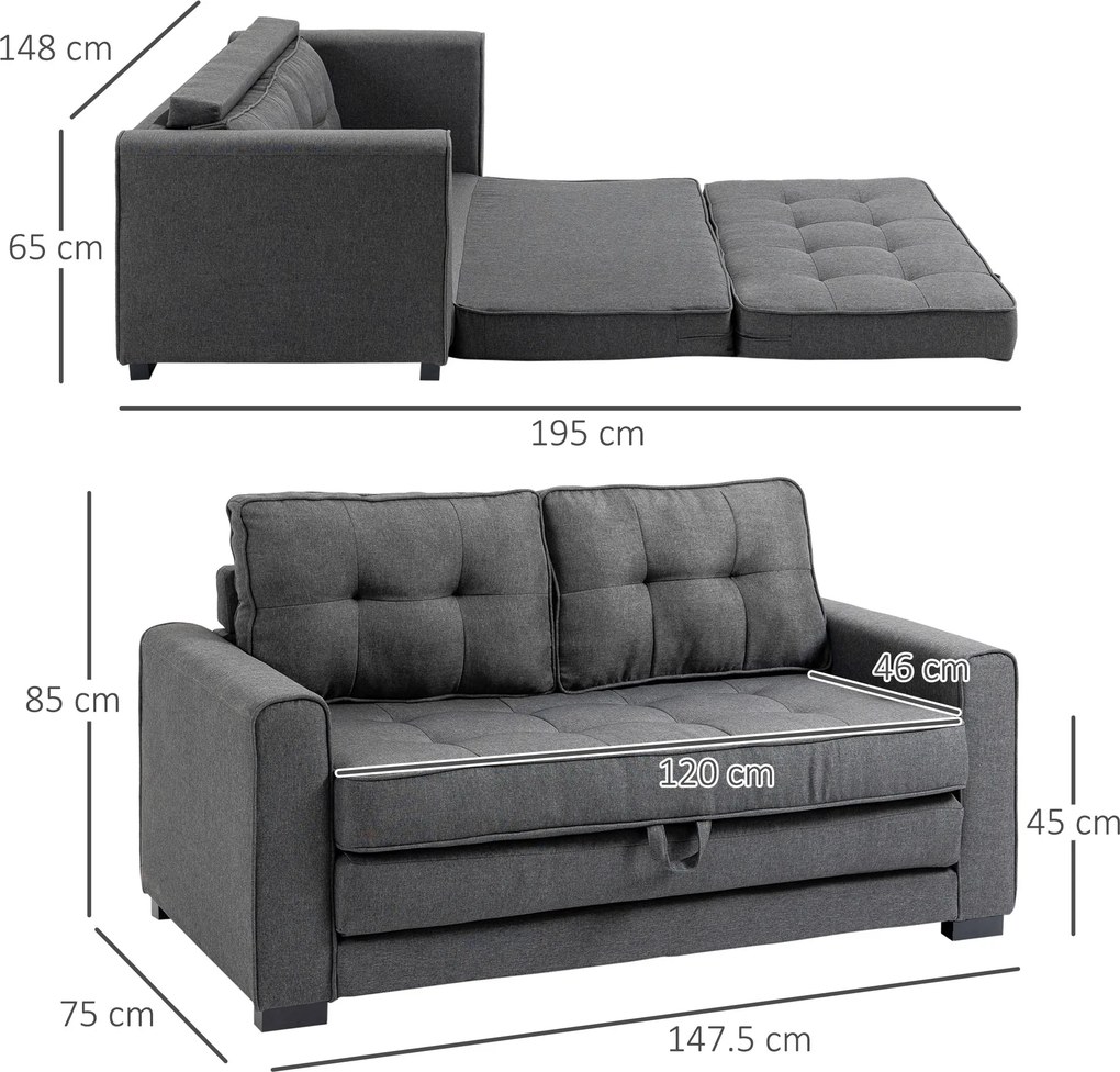 HOMCOM Canapea Extensibilă din Material Textil 2 Locuri cu Capitonaj și Arcuri, 151x75x85 cm, Gri | Aosom Romania