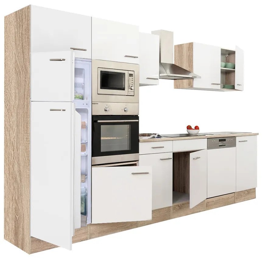 Mobilă de bucătărie Yorki 340, corp din stejar Sonoma, cu față alb satinat