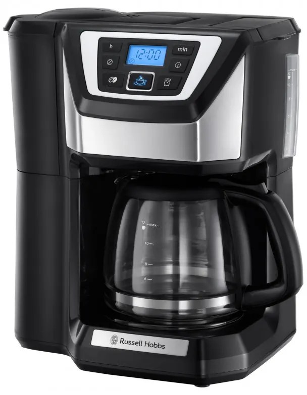 Cafetiera Russell Hobbs Victory Grind & Brew 22000-56, 1025W, 1,5 L, 250 g, 12 cesti, Timer, Filtru incorporat, Negru/inox