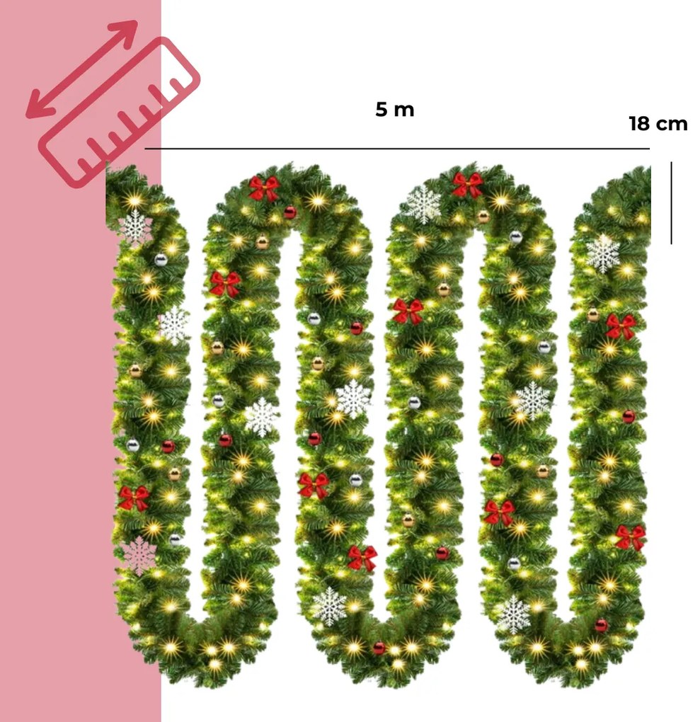 Ghirlandă de Crăciun ANDREA cu iluminare, decorată, 5m, verde Jurhan