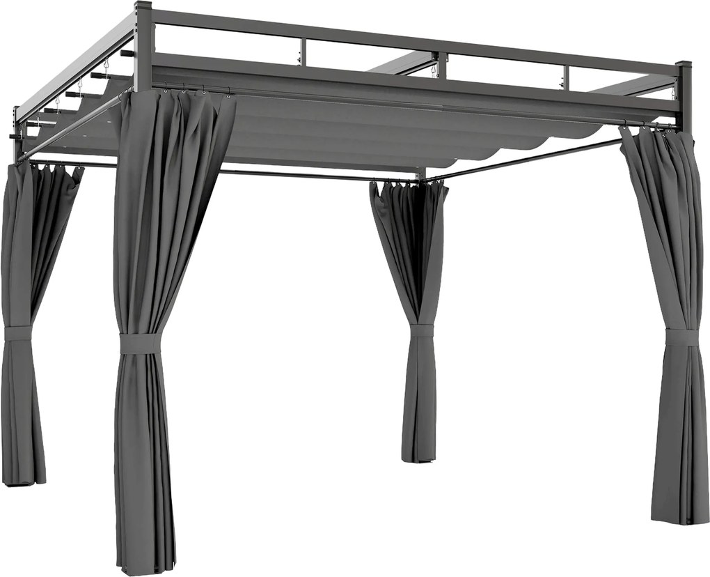 Outsunny Gazebo Pergolă 3x3 m cu Acoperiș Retractabil Glisant, 4 Pereți Laterali, Orificii de Drenare, Pergolă de Grădină din Poliester și Oțel, pentru Terasă, Curte, Exterior, UV30+, Gri Închis | Aosom Romania