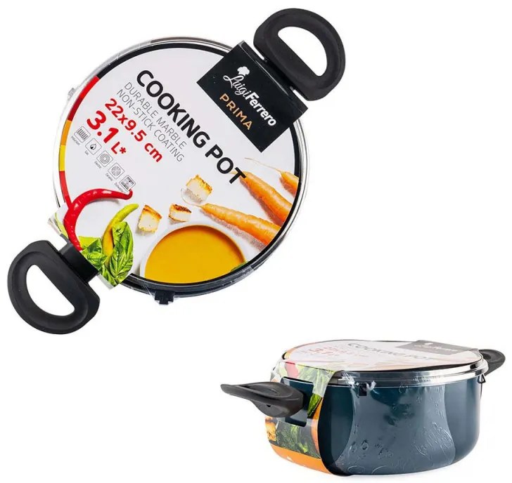 Cratiță Luigi Ferrero Prima FR-2244, 22x9.5 cm, 3.1 l, Acoperire neaderentă din marmură, Capac din sticlă cu gaură pentru abur, Inducție, Albastru închis