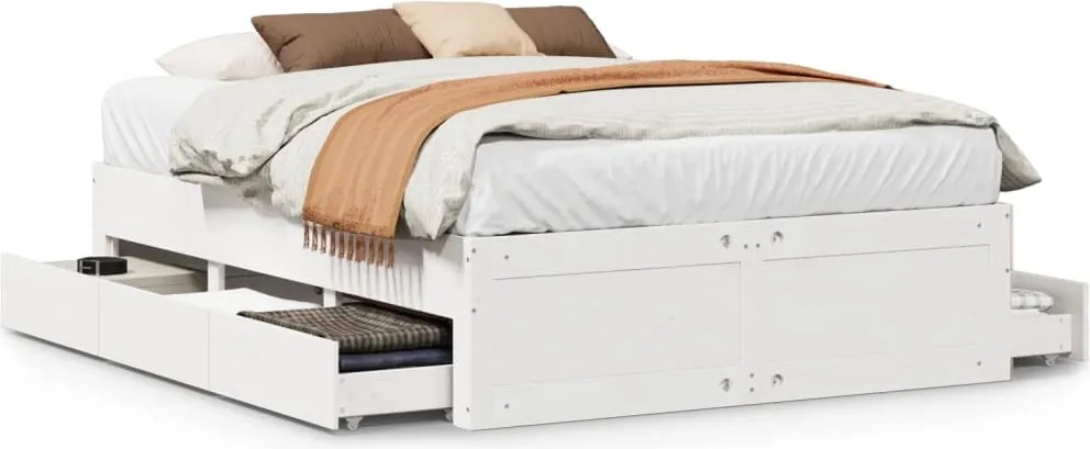 vidaXL Cadru pat fără saltea/cu sertare alb 160x200 cm lemn masiv pin