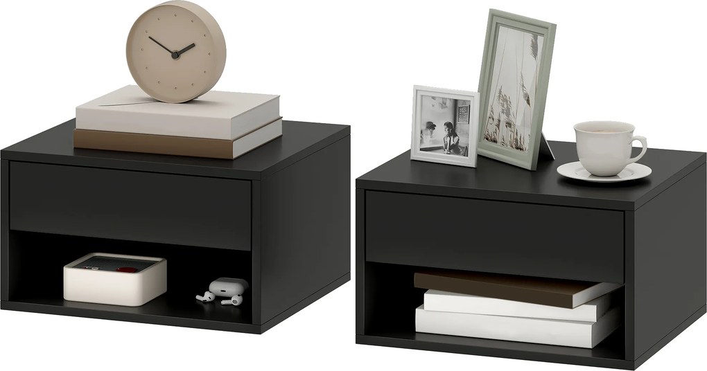 HOMCOM Set de 2 noptieri montate pe perete, sertar, compartiment deschis, blat, 37 x 32 x 21 cm, negru | Aosom Romania