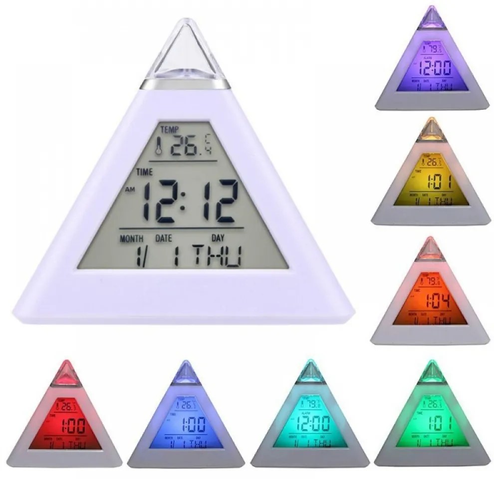 Ceas digital cu alarma  forma piramida  led multicolor  8 melodii  temperatura  ora si data