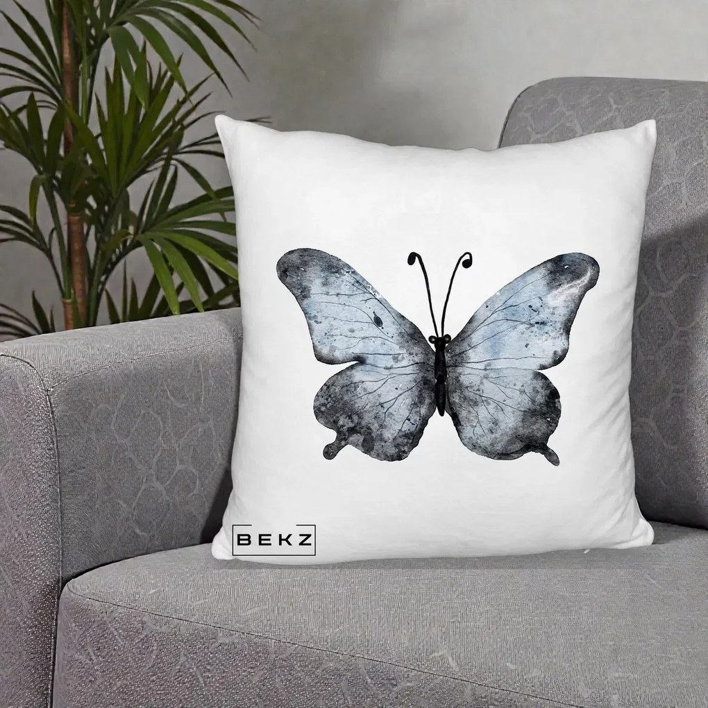 Perna Decorativa Fluture Acuarela Albastru-Gri, 40x40 cm, Alb Pufos, Husa Detasabila, Perna Inclusa, BEKZ®