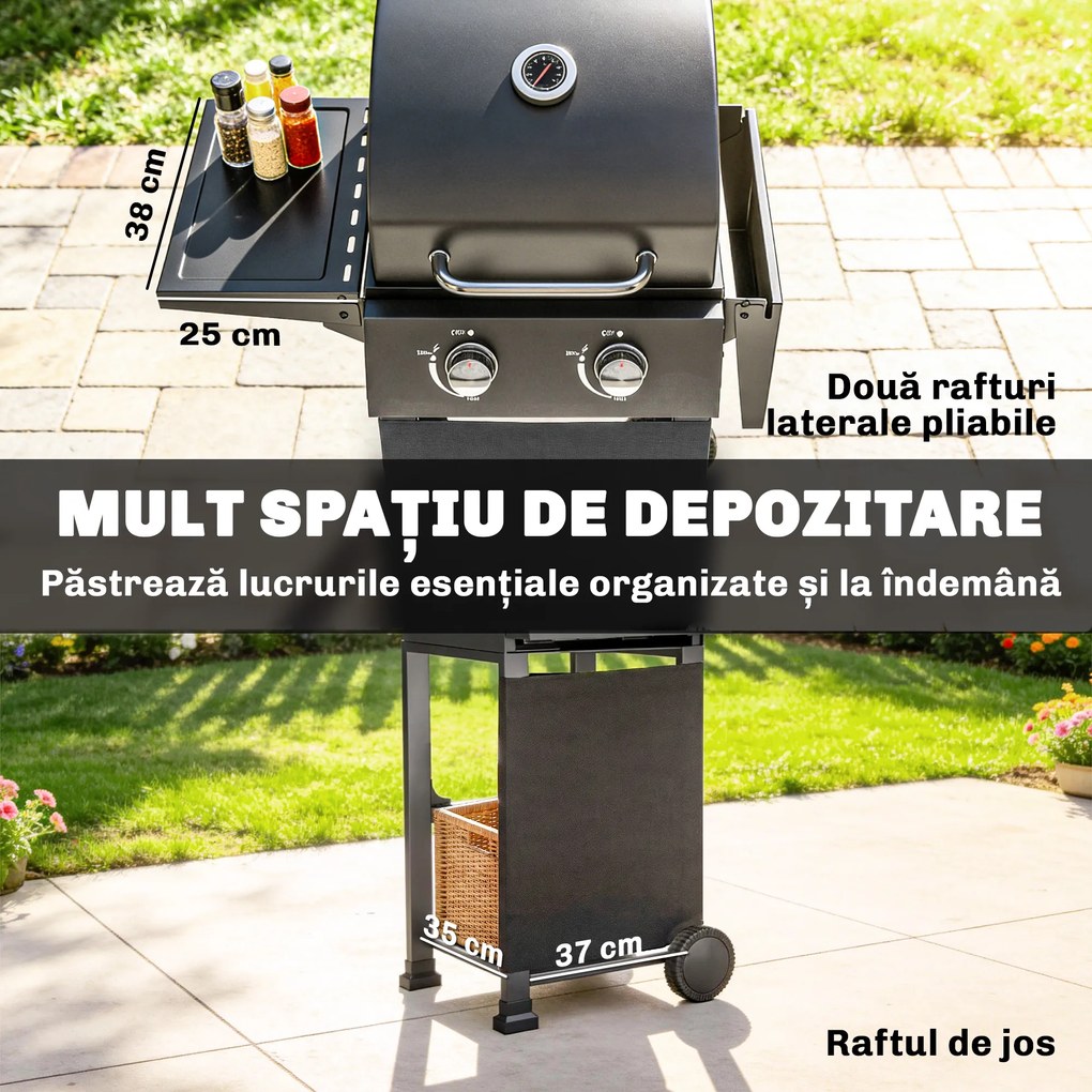 Outsunny Grătar pe Gaz Protan cu 2 Arzătoare, Portabil, Termometru, Negru | Aosom Romania