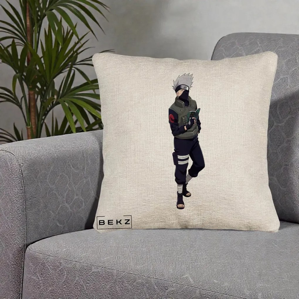 Perna Personalizata Naruto Kakashi Hatake Portret Complet, 40x40 cm, Bej Canapea, Husa Detasabila, Perna Inclusa, BEKZ®
