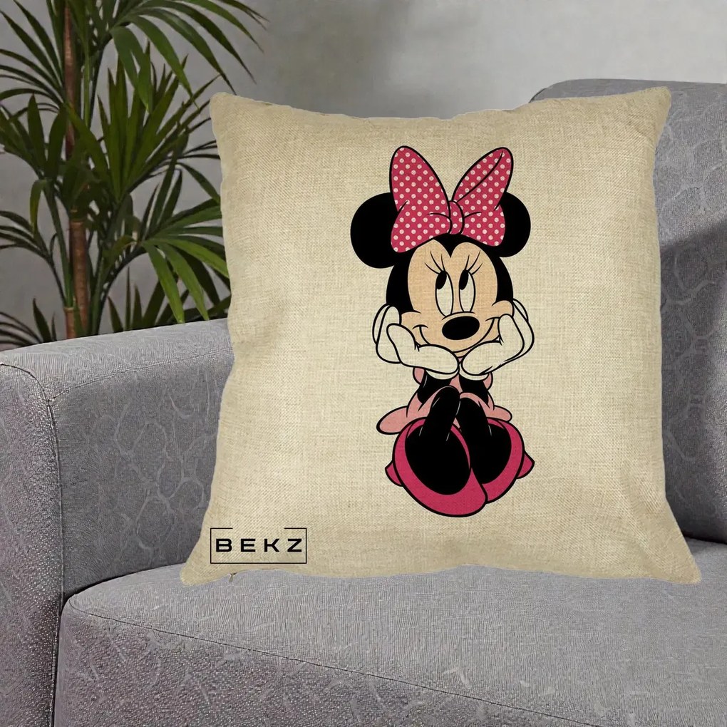 Perna Personalizata Minnie Mouse cu Fundita, 40x40 cm, Crem, Husa Detasabila, Perna Inclusa, BEKZ®