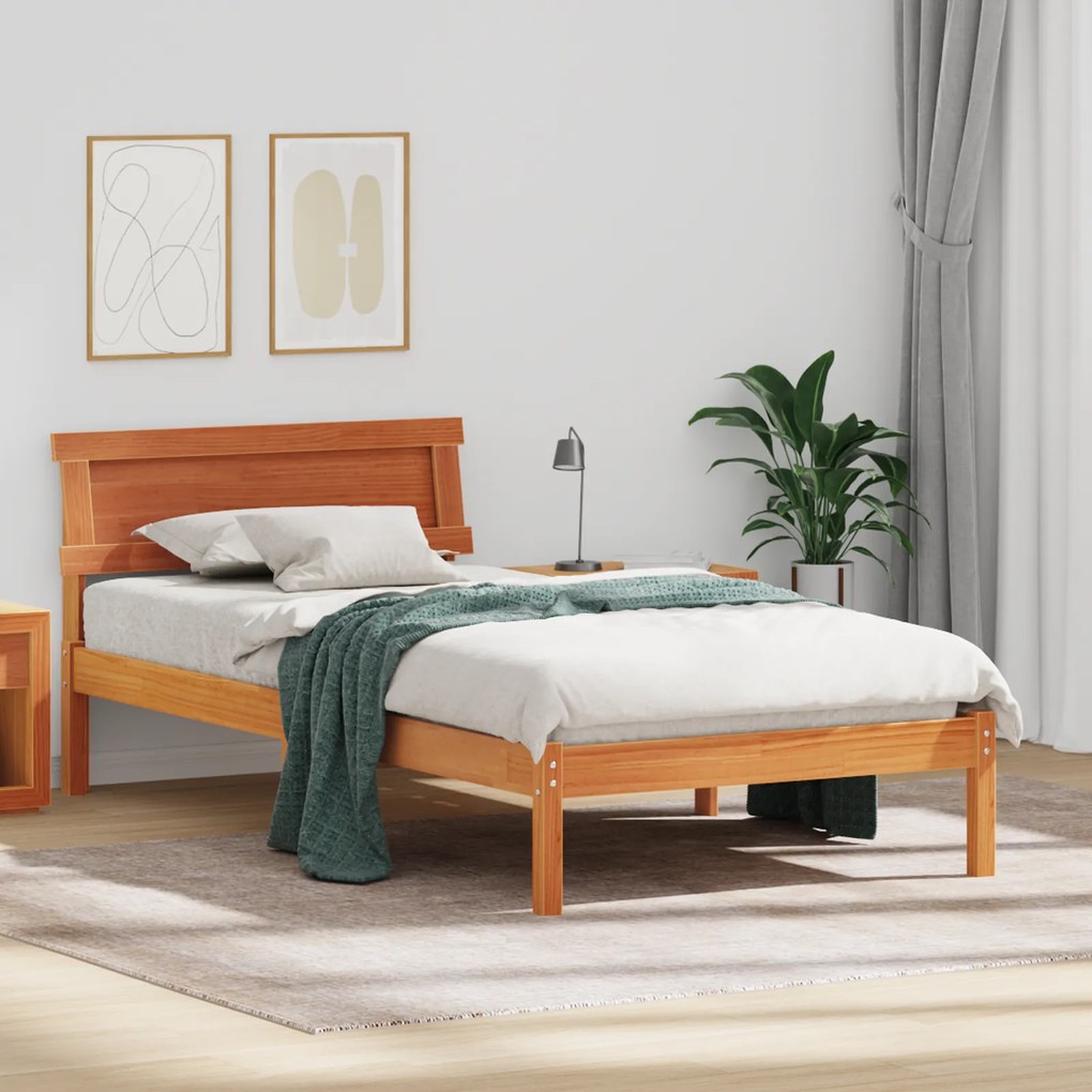 vidaXL Pat cu tăblie și LED-uri - Culoare maro ceară, 100 x 200 cm, din lemn de pin solid.