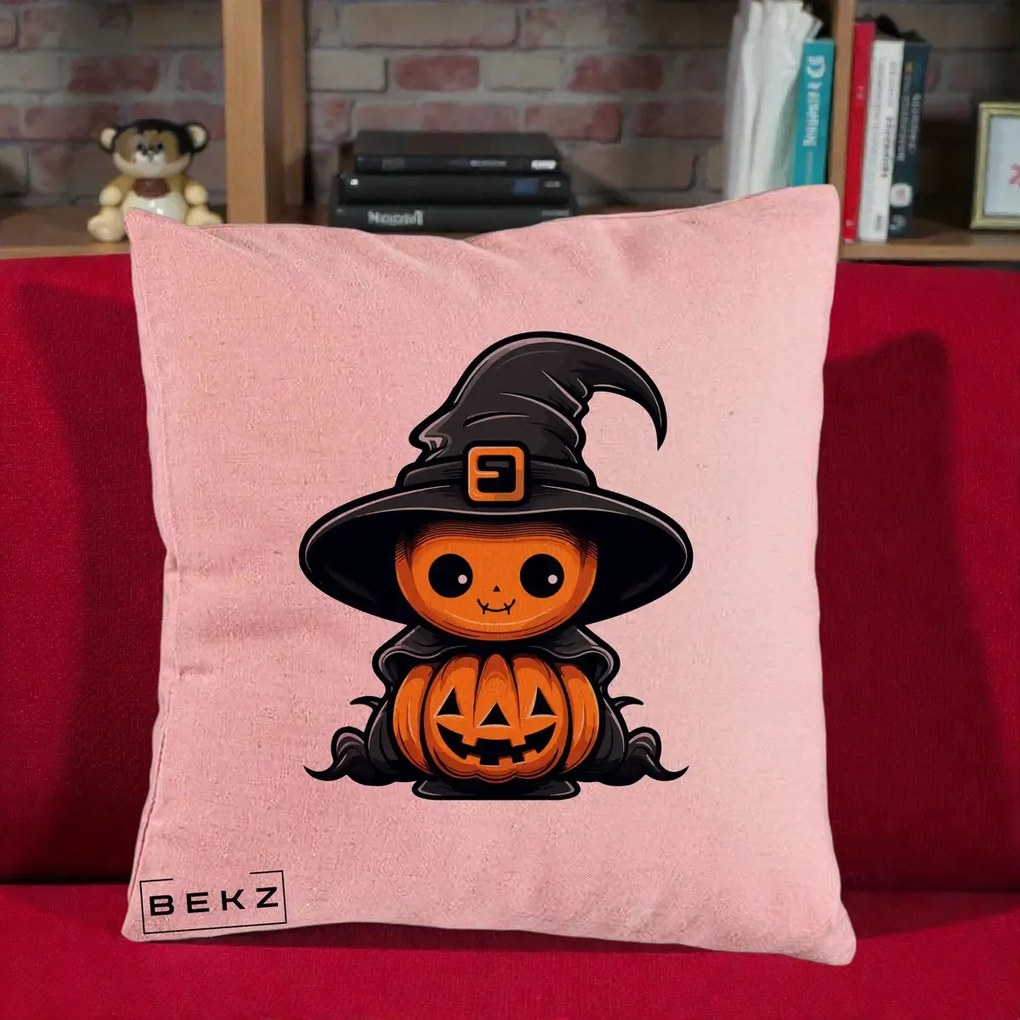 Perna Decorativa Halloween Dovleac Vrajitor Kawaii, 40x40 cm, Roz, Husa Detasabila, Perna Inclusa, BEKZ®