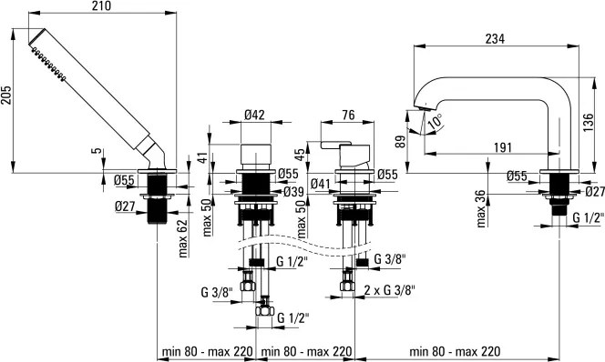 Silia Baterie pentru cadă, 4-orificii, cu set de duș Finisaj: Alb BQS_A14M