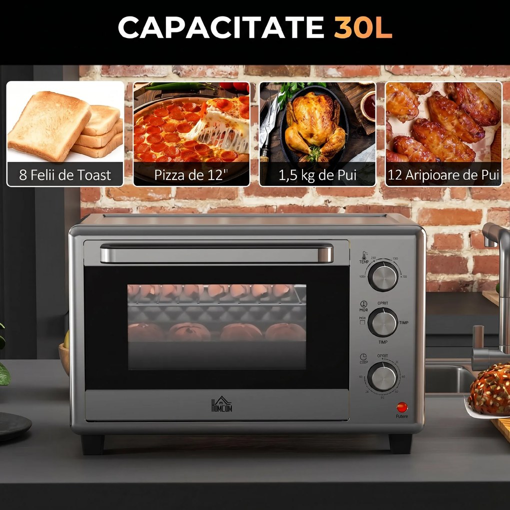 HOMCOM Mini Cuptor Electric cu Convectie 30L pentru Bucătărie Blat Temperatură Ajustabilă 1600W Accesorii Incluse | Aosom Romania