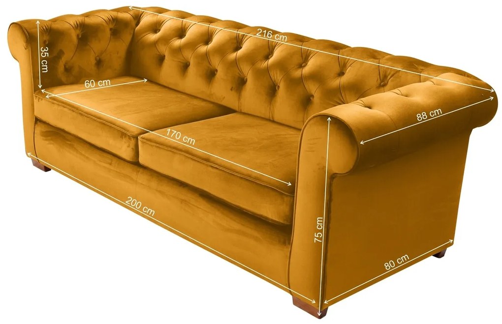 Canapea extensibila Oxford Chesterfield, 88x216x75 cm, 3 locuri, Mustard