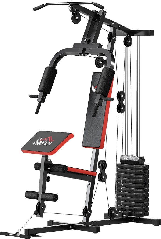 HOMCOM Power Tower Stație Fitness Greutăți 65kg, 135x103x210cm, Negru Roșu | Aosom Romania