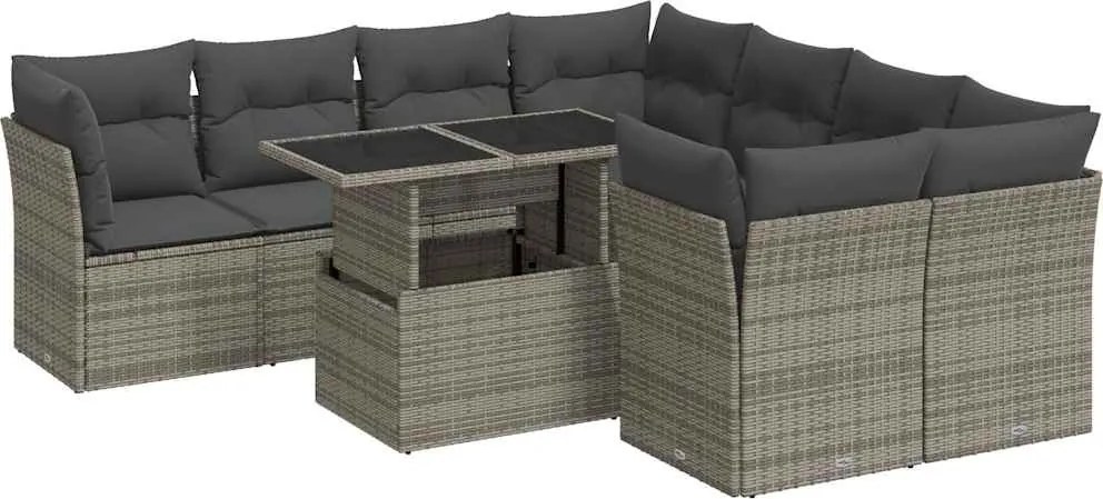 vidaXL Set canapele de grădină, 9 piese, cu perne, gri, poliratan
