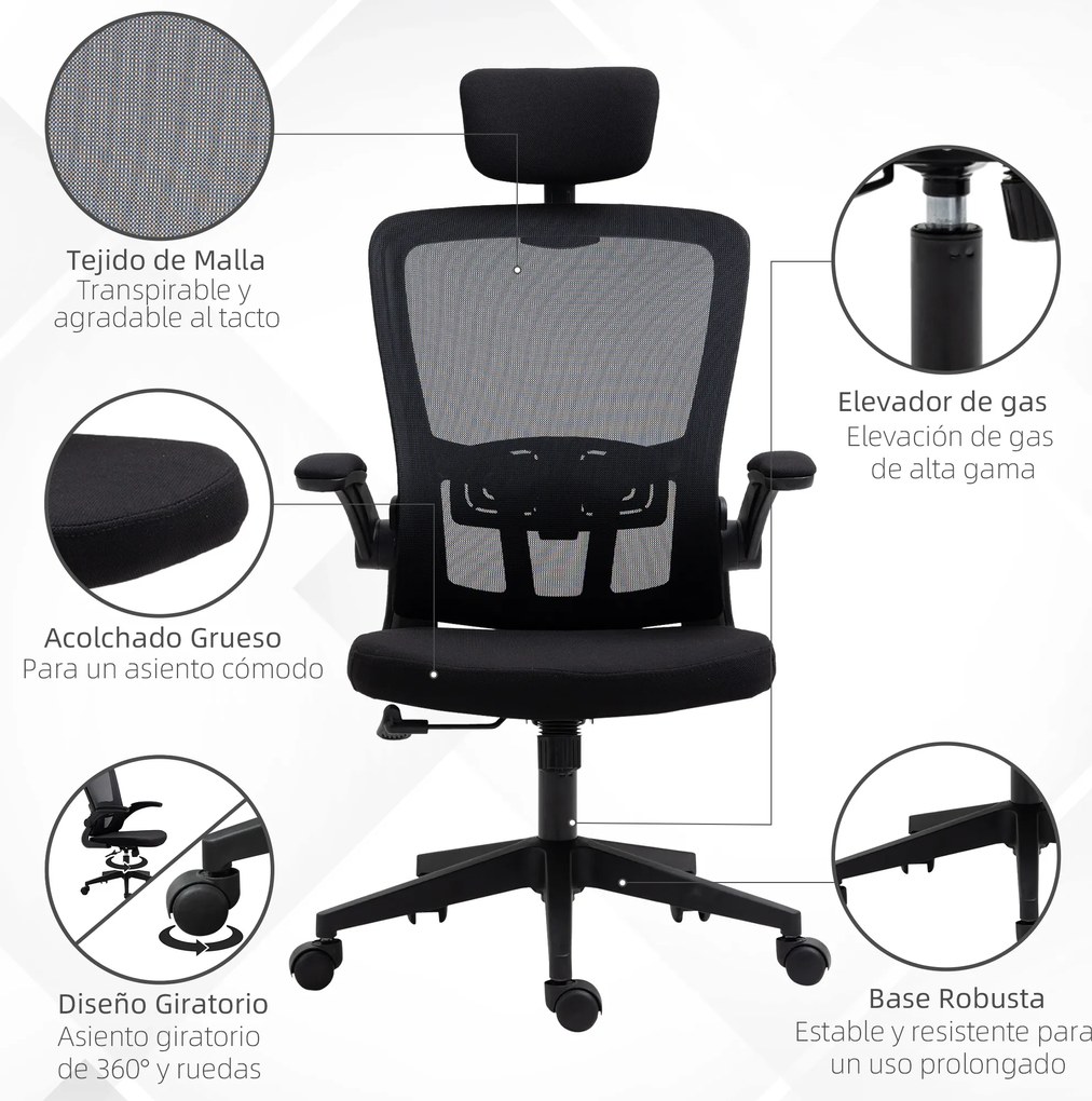 Vinsetto Scaun de Birou din Plasă Scaun de Birou Rotativ cu Înălțime Reglabilă Brațe Rabatabile Suport de Cap Reglabil 65x64x114-122 cm Negru | Aosom Romania