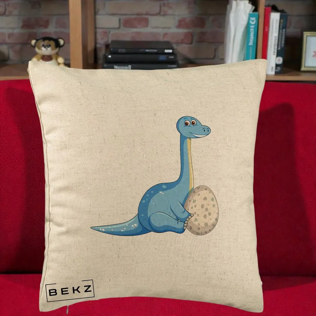 Perna Decorativa Brontosaur cu Ou, 40x40 cm, Bej, Husa Detasabila, Perna Inclusa, BEKZ®