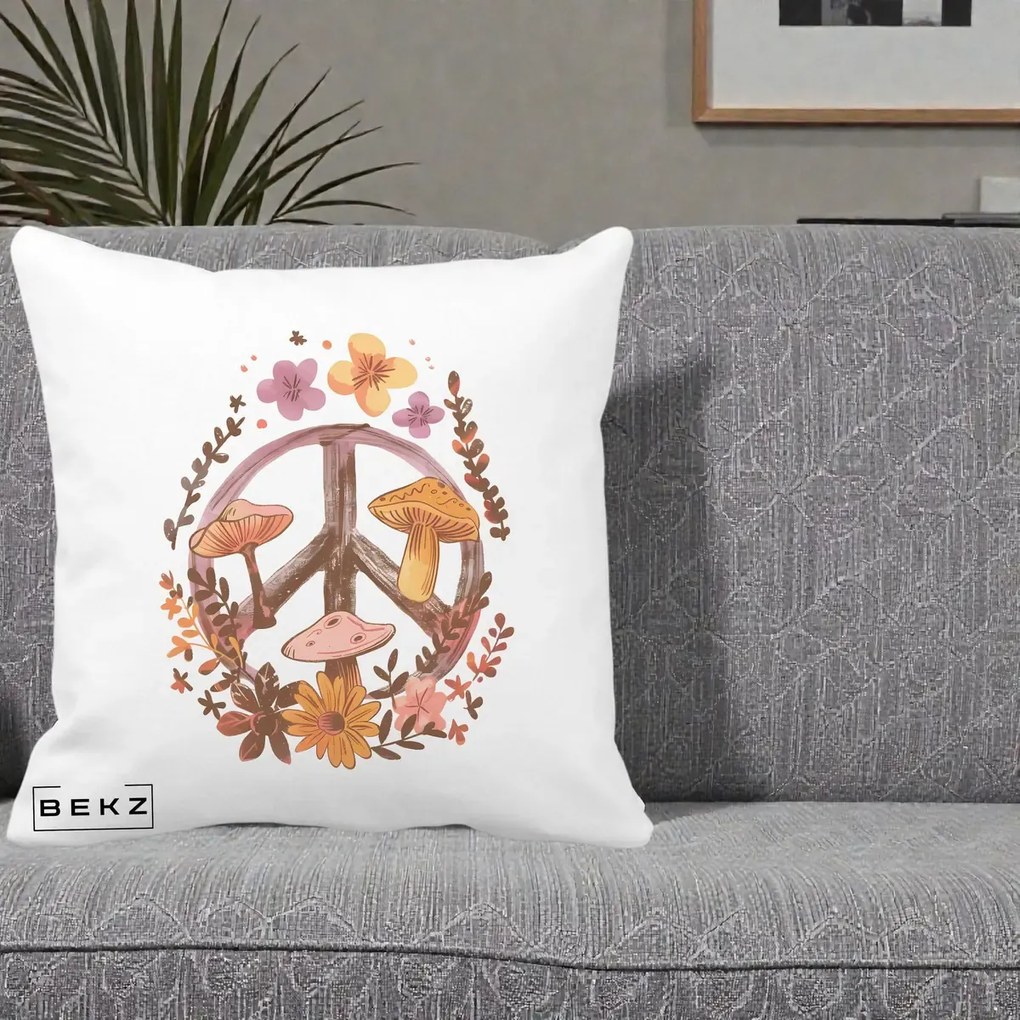 Perna Decorativa Peace Sign Ciuperci Floral, 40x40 cm, Alba Mata, Husa Detasabila, Perna Inclusa, BEKZ®