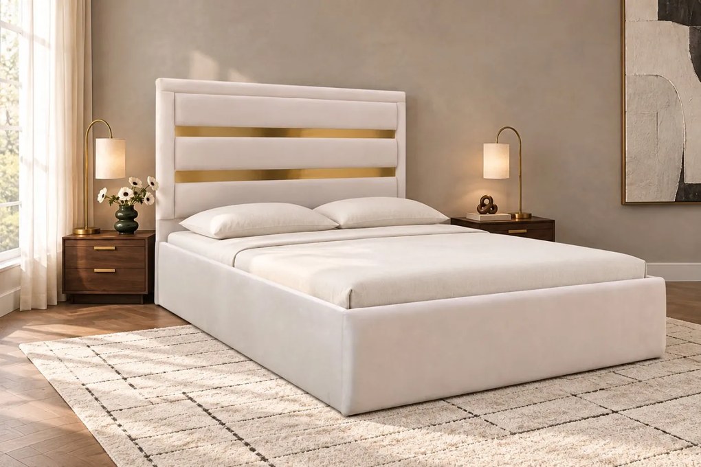 Pat tapițat din catifea Noren 200×200 cm, crem, detalii aurii, cu ladă de depozitare