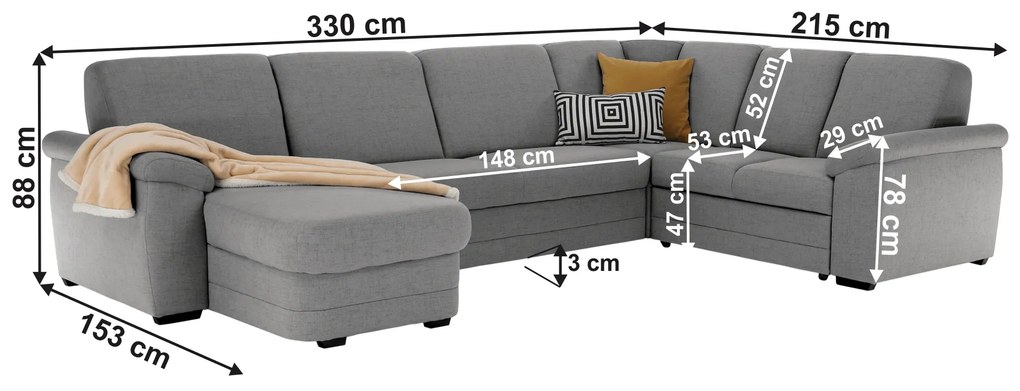 Colţar în formă de U, material textil gri, model stânga, BITER U