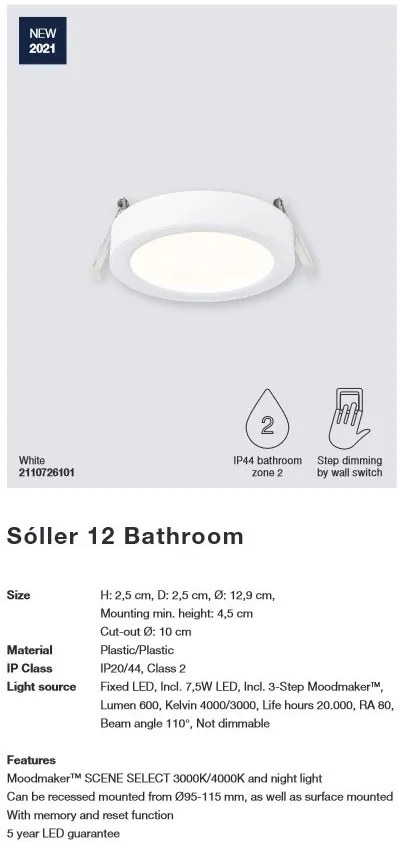 Spot incastrabil tavan fals, pentru baie IP20/44, 3-Step MOODMAKER, Sóller 12 2110726101 NL