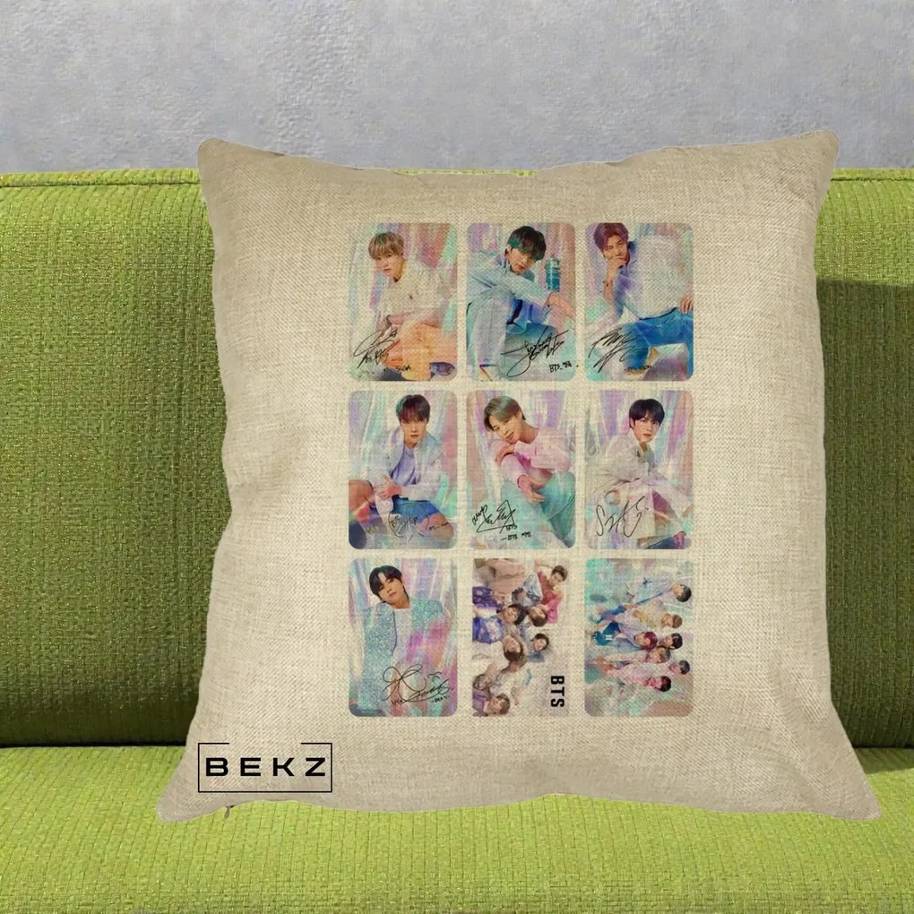 Perna Personalizata K-pop BTS Colaj 9 Fotografii Autografe Individual, 40x40 cm, Crem, Husa Detasabila, Perna Inclusa, BEKZ®