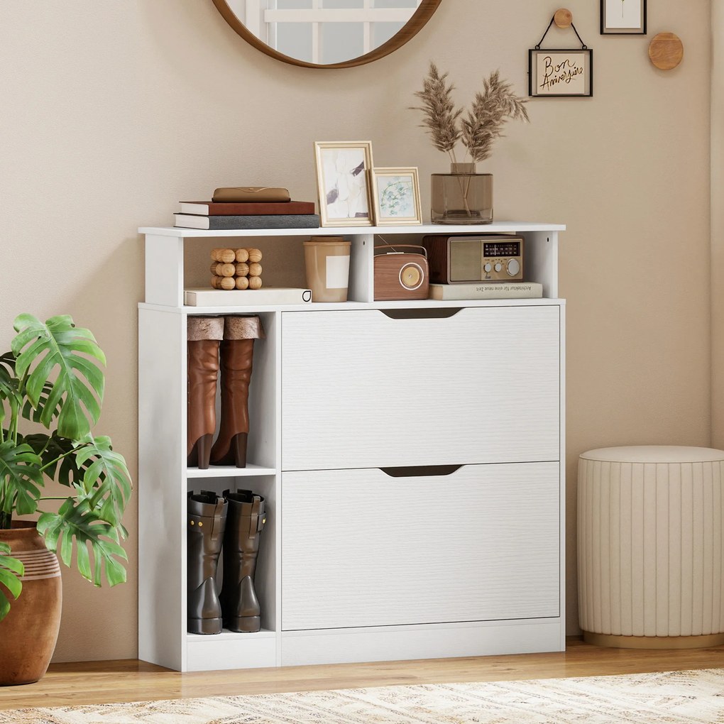 HOMCOM Dulap pentru pantofi, dulap de pantofi, 2 sertare rabatabile, compartimente deschise și raft reglabil, alb | Aosom Romania