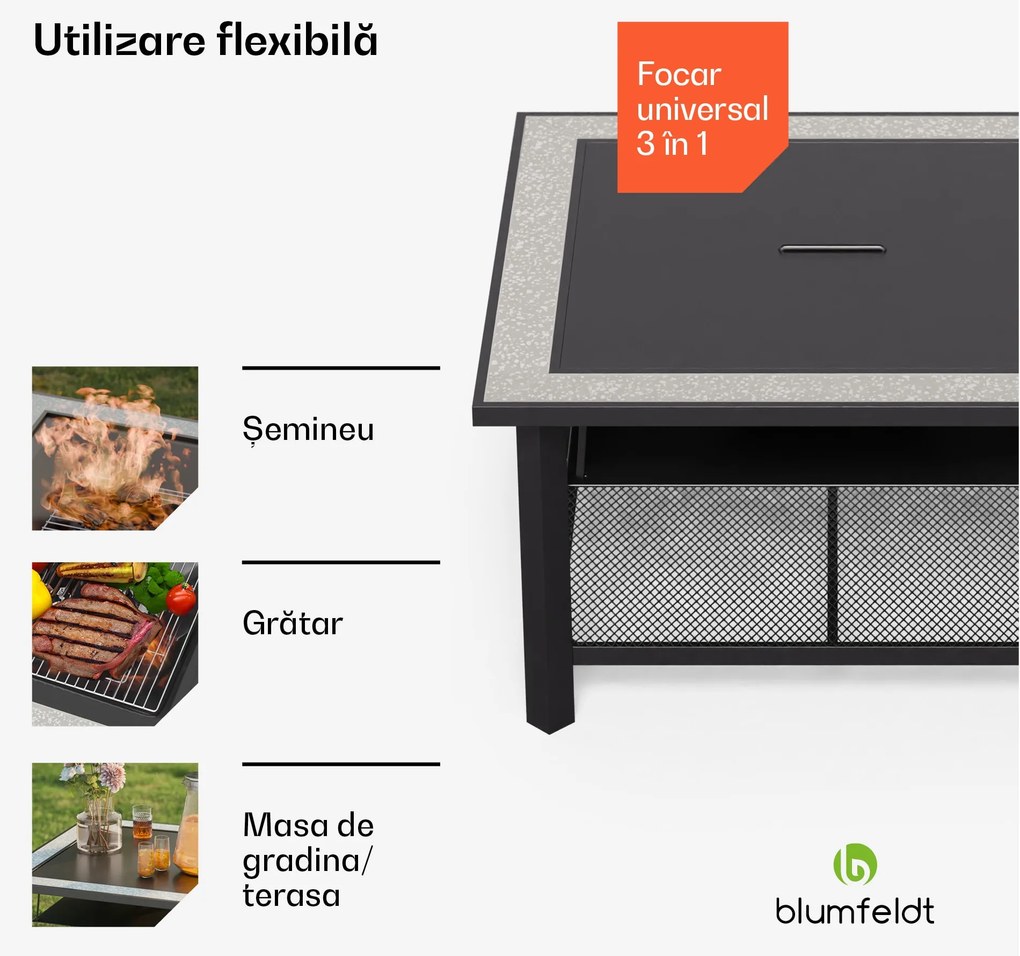 Merano Avanzato 3 în 1, șemineu cu funcție grill, poate fi folosit ca masă