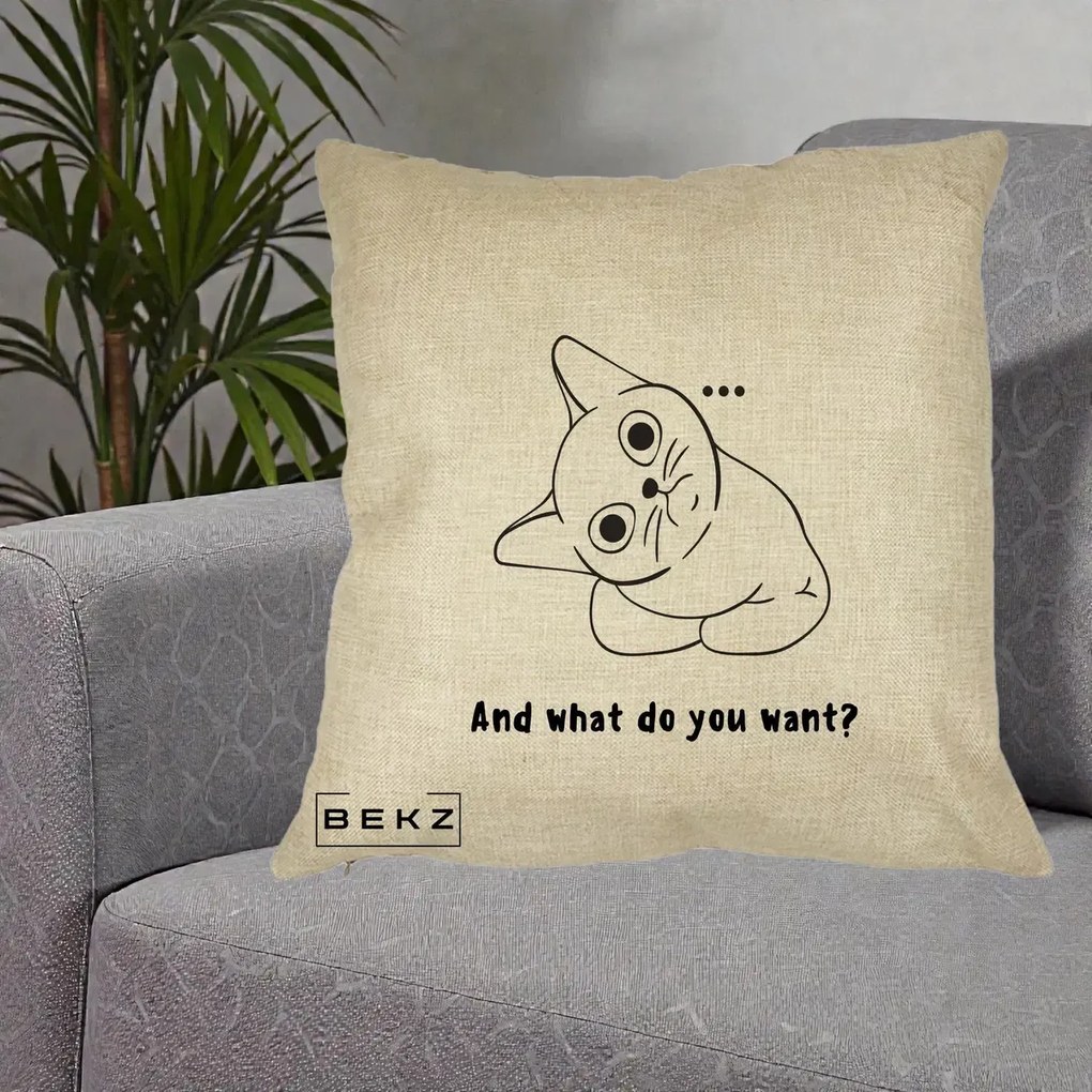 Perna Decorativa And What Do You Want Cat, 40x40 cm, Crem, Husa Detasabila, Perna Inclusa, BEKZ®