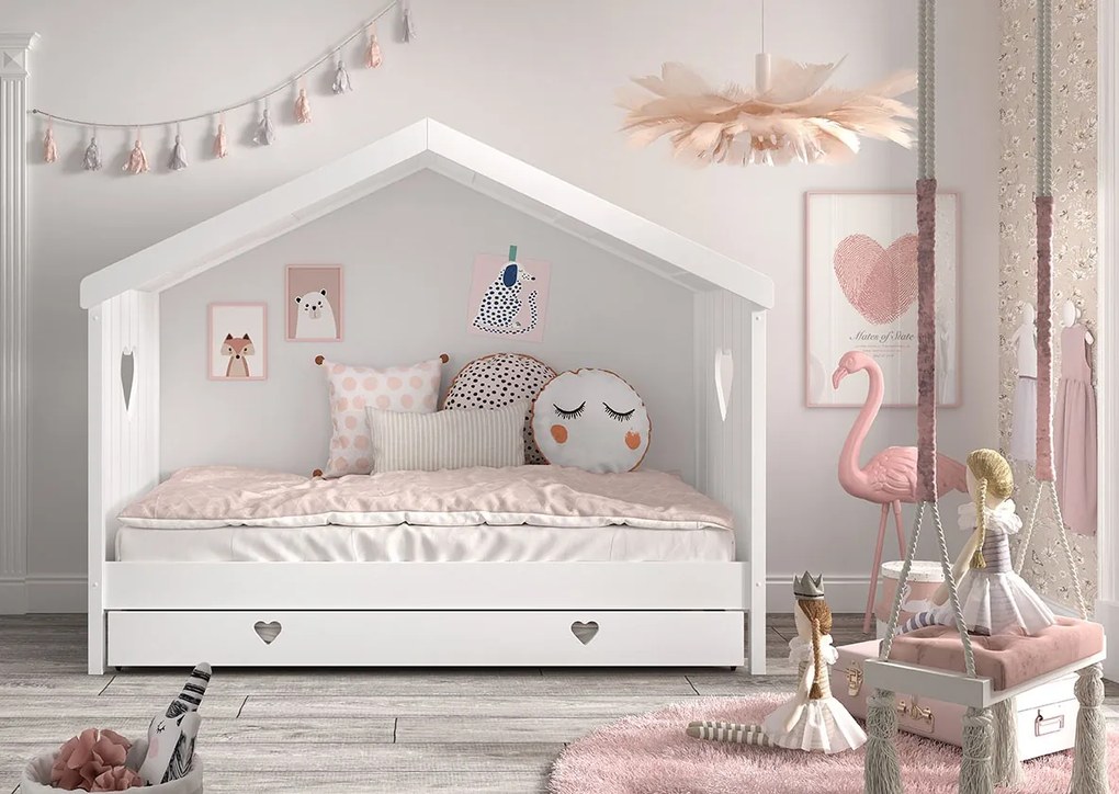 Pat Căsuță AMORI pentru Copii, 90x200 cm, Alb, cu Sertar Multifuncțional – Vipack