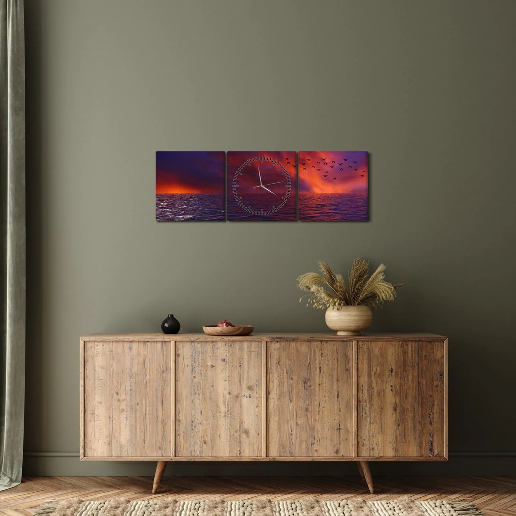 Tablou cu mare și păsări (cu ceas) (90x30 cm)