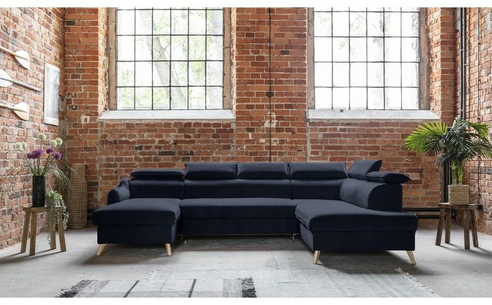 Colțar albastru închis extensibil cu tapițerie din catifea (cu colț pe partea dreaptă/în formă de "U") Sweet Harmony – Miuform