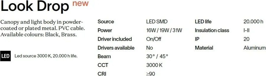 Lustra suspendata LOOK LED SP16 ROUND DROP D16 ON-OFF NE 3000K