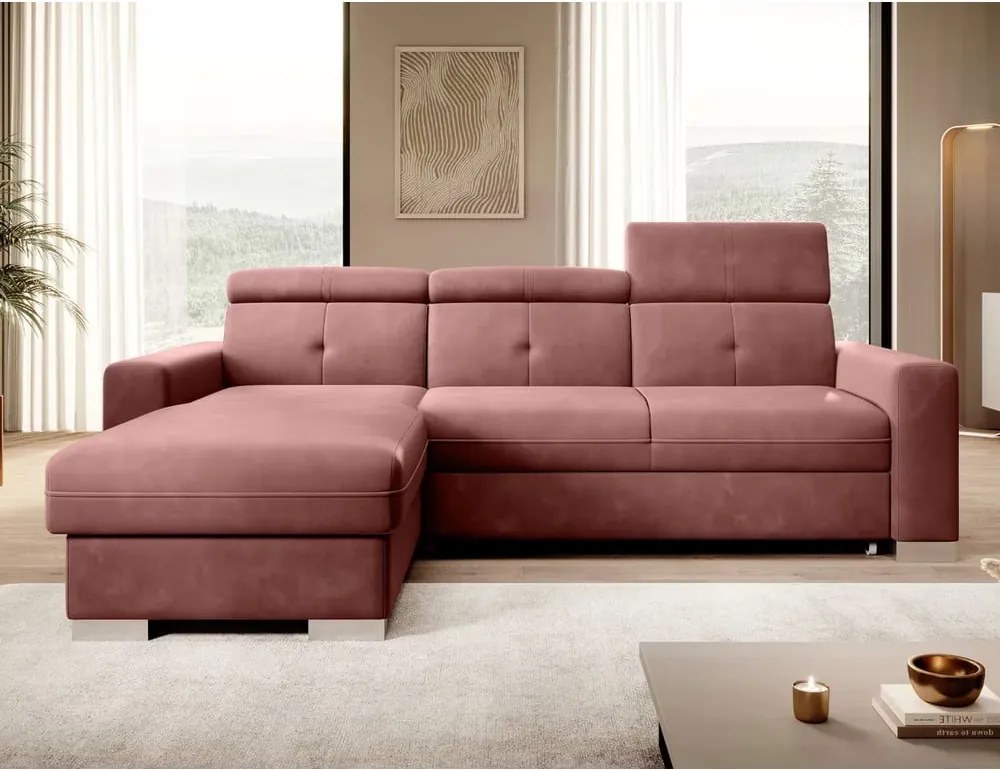 Colțar roz extensibil/cu spațiu de depozitare cu tapițerie din catifea (cu colț pe partea stângă/cu șezlong) Fresia – ELTAP