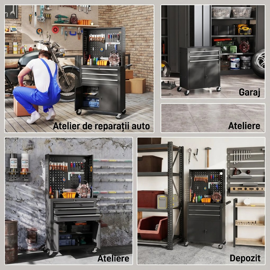 HOMCOM Cărucior de Scule din Oțel cu Blat de Lucru, 3 Sertare, Dulap, Panouri Perforate, Roți, Negru | Aosom Romania