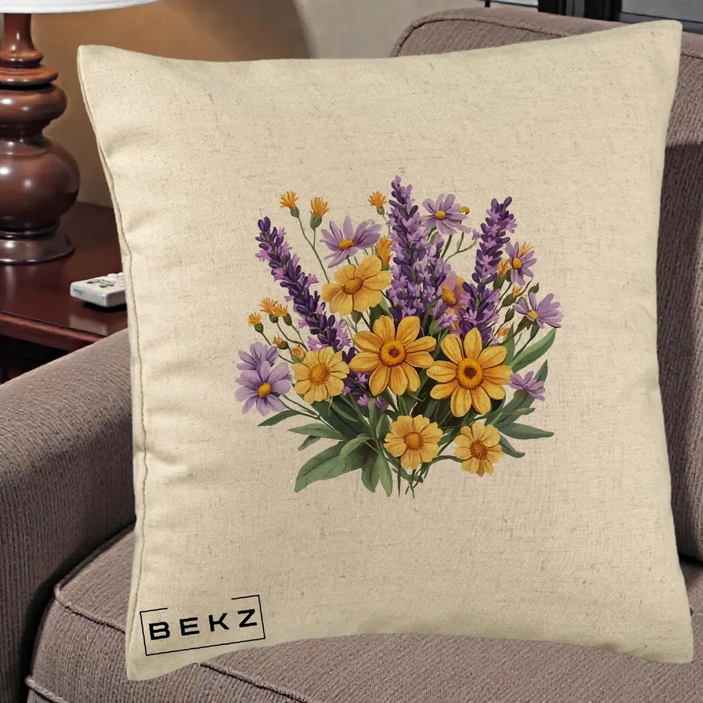 Perna Decorativa Lavanda cu Margarete Galbene si Lila, 40x40 cm, Bej, Husa Detasabila, Perna Inclusa, BEKZ®