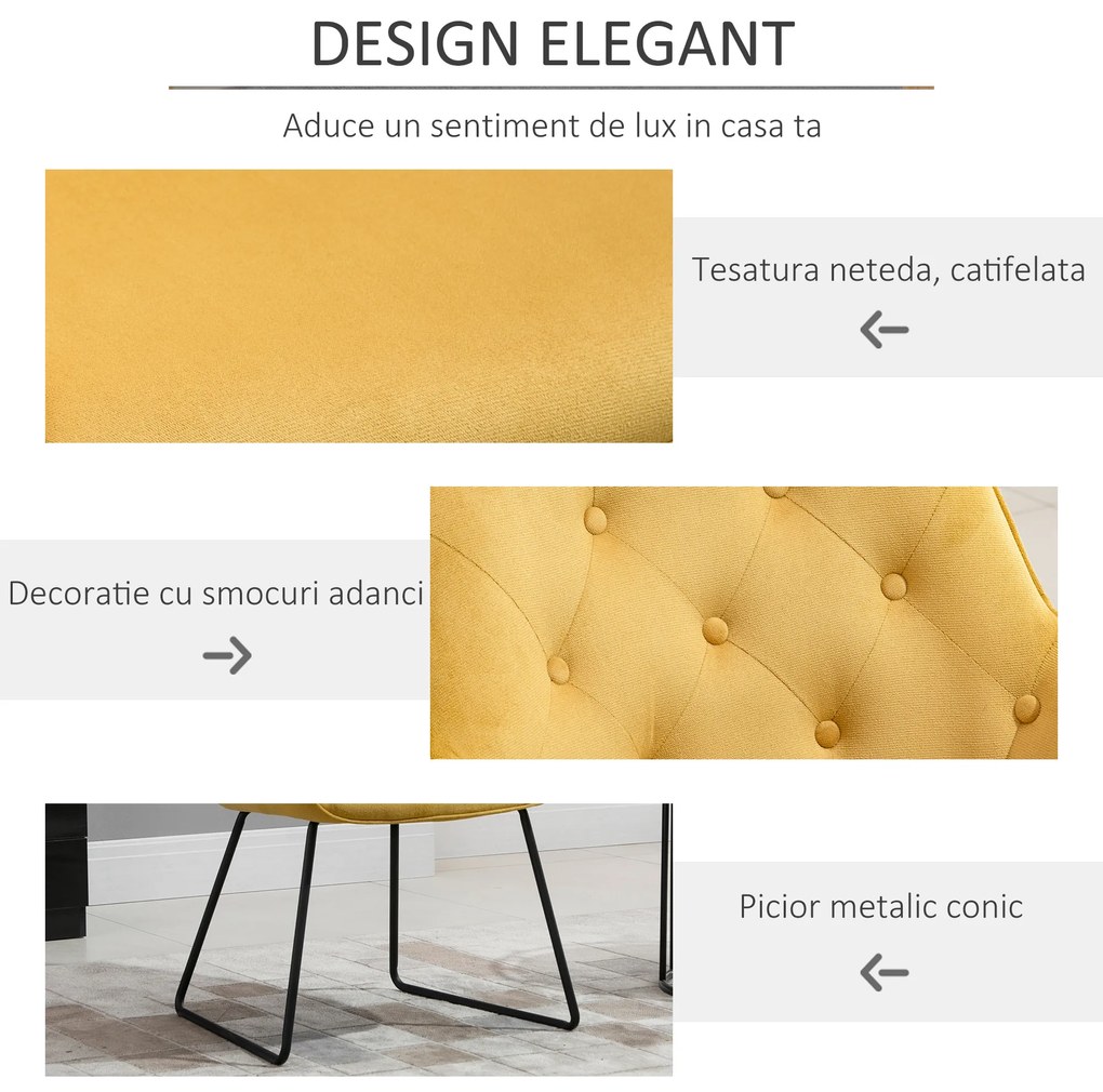 Scaun capitonat HOMCOM, cu Invelis cu textura de Catifea si Baza, Fotoliu pentru Casa si Birou 70x66.5x82cm Galben | Aosom RO