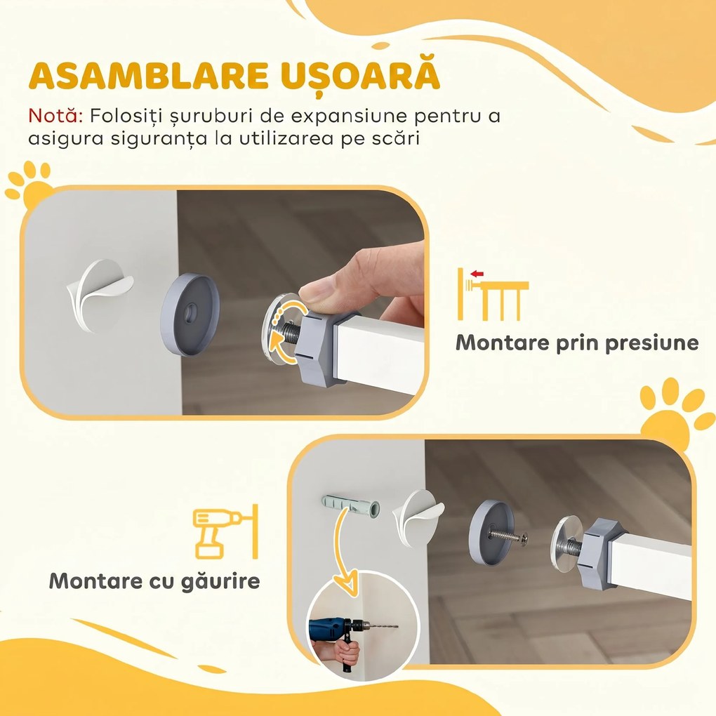 PawHut Poartă Reglabilă pentru Câini cu Ușă și Montare prin Presiune, Barieră cu Închidere Automată, 74-80x76.2 cm, Alb | Aosom Romania
