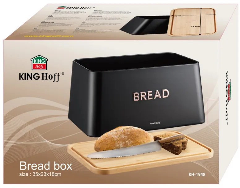 Cutie de paine cu capac pentru taiere Kinghoff KH-1948, 35 cm, Bambus, Otel, Negru