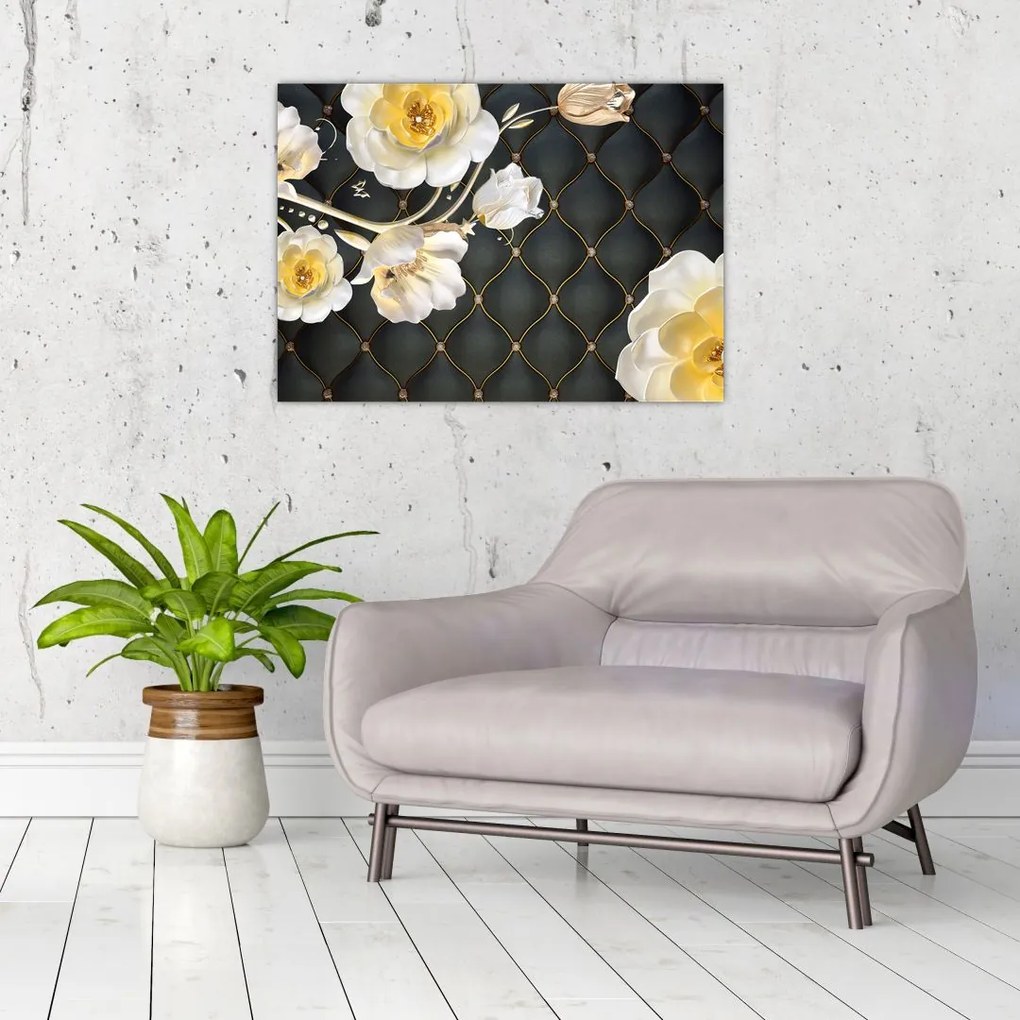 Tablou pe sticlă - Imagine cu flori de trandafir alb (70x50 cm)