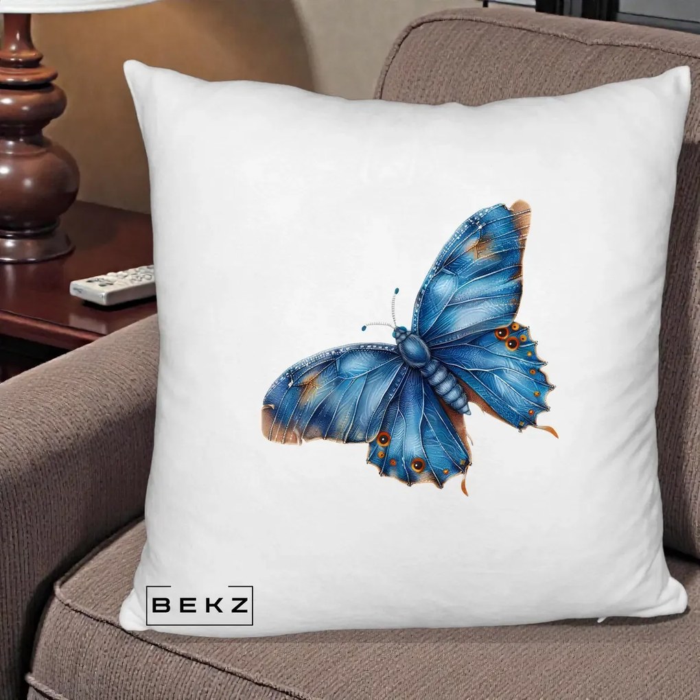 Perna Decorativa Fluture Albastru Satin cu Pete Aurii, 40x40 cm, Alb Pufos, Husa Detasabila, Perna Inclusa, BEKZ®
