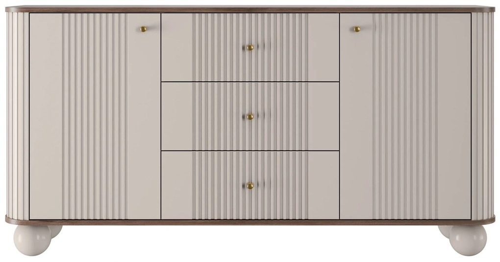 Comodă cu sertare Vesper 160 cm - cașmir / nuc / mânere aurii / picioare sferice