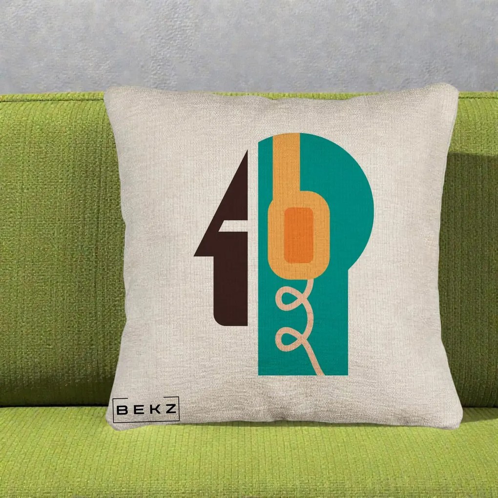 Perna Personalizata Retro Casti Muzicale, 40x40 cm, Bej Canapea, Husa Detasabila, Perna Inclusa, BEKZ®