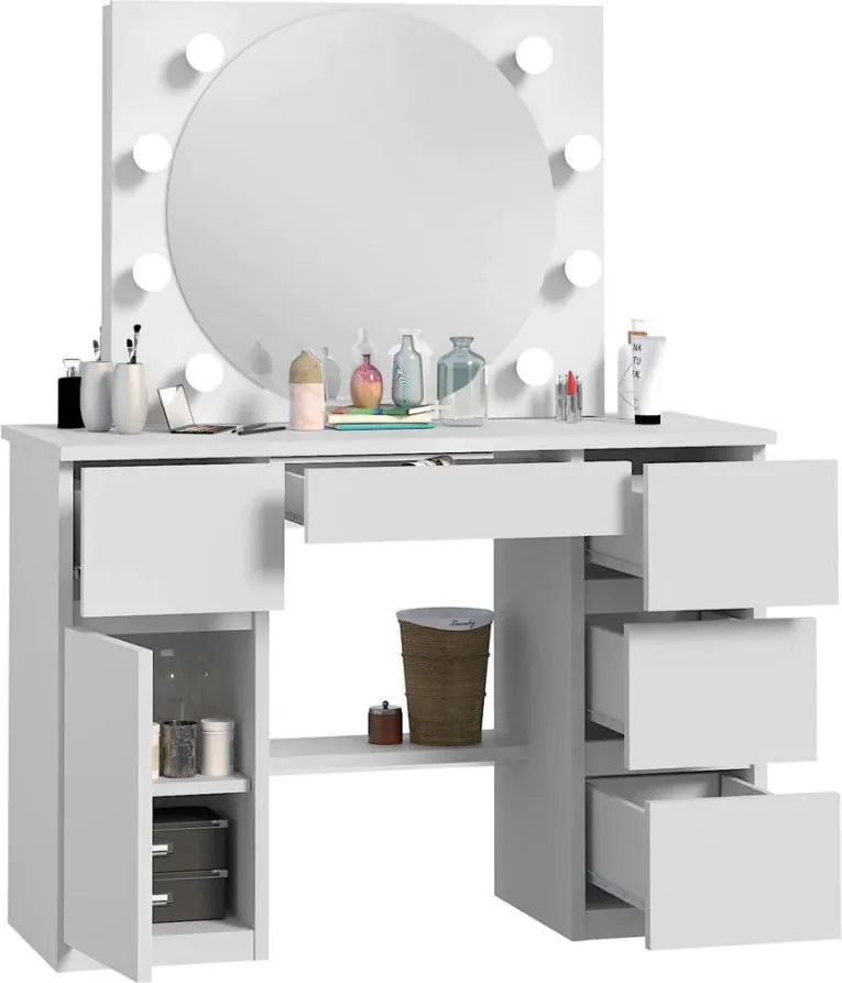 Masuta machiaj cu Oglinda LED si 5 Sertare pentru Cosmetice, Set Masa toaleta 120 cm, Alb, masuta cosmetica, vanity - SEA545