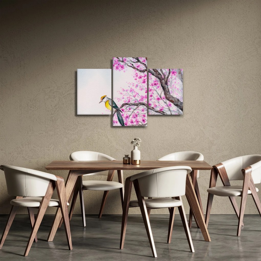 Tablou - Pasăre pe un copac cu flori roz (90x60 cm)