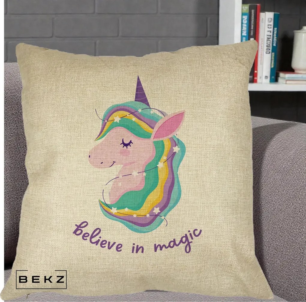 Perna Decorativa Unicorn Believe in Magic, 40x40 cm, Crem, Husa Detasabila, Perna Inclusa, BEKZ®