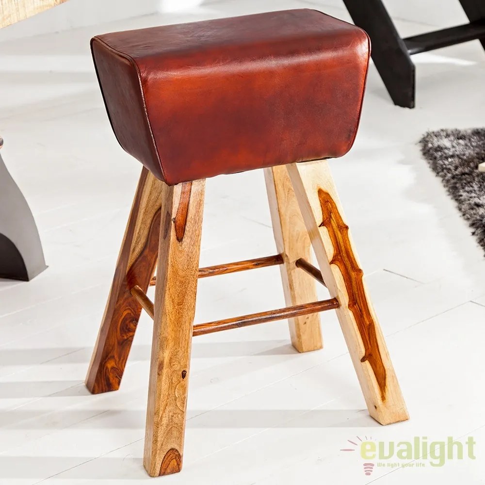 Scaun de bar cu design inspirat din echipamentul sportiv, picioare din lemn si piele, Bock Leder A-36815 VC